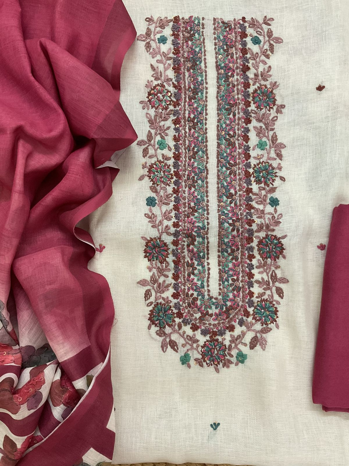 Pure Linen Jute Cotton Printed Embroidered Suit - Cream