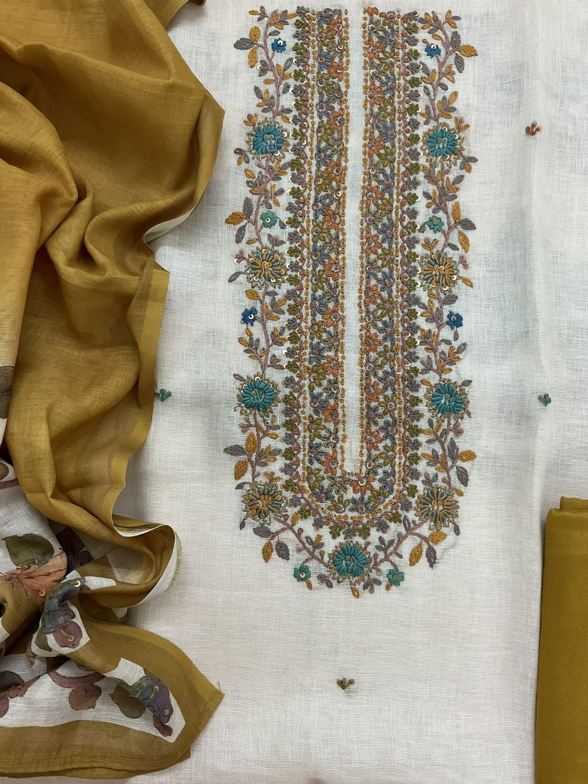 Pure Linen Jute Cotton Printed Embroidered Suit - Cream