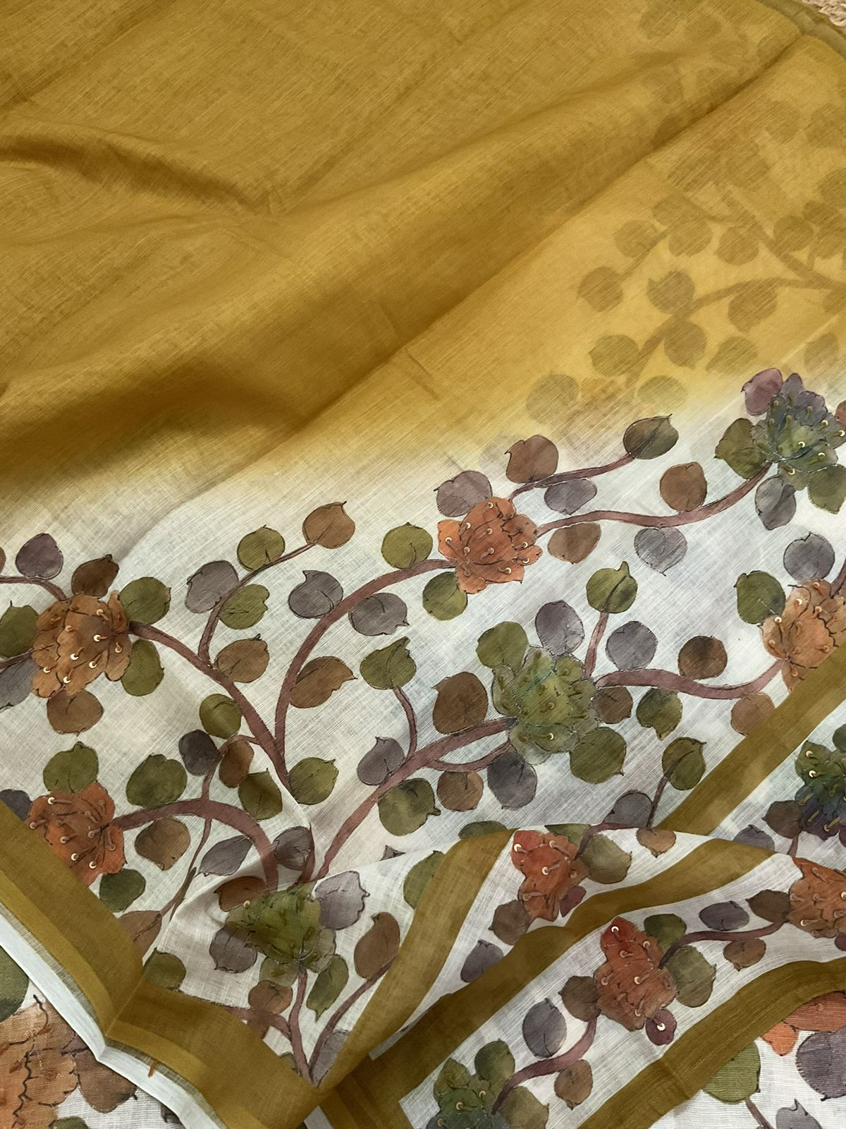 Pure Linen Jute Cotton Printed Embroidered Suit - Cream