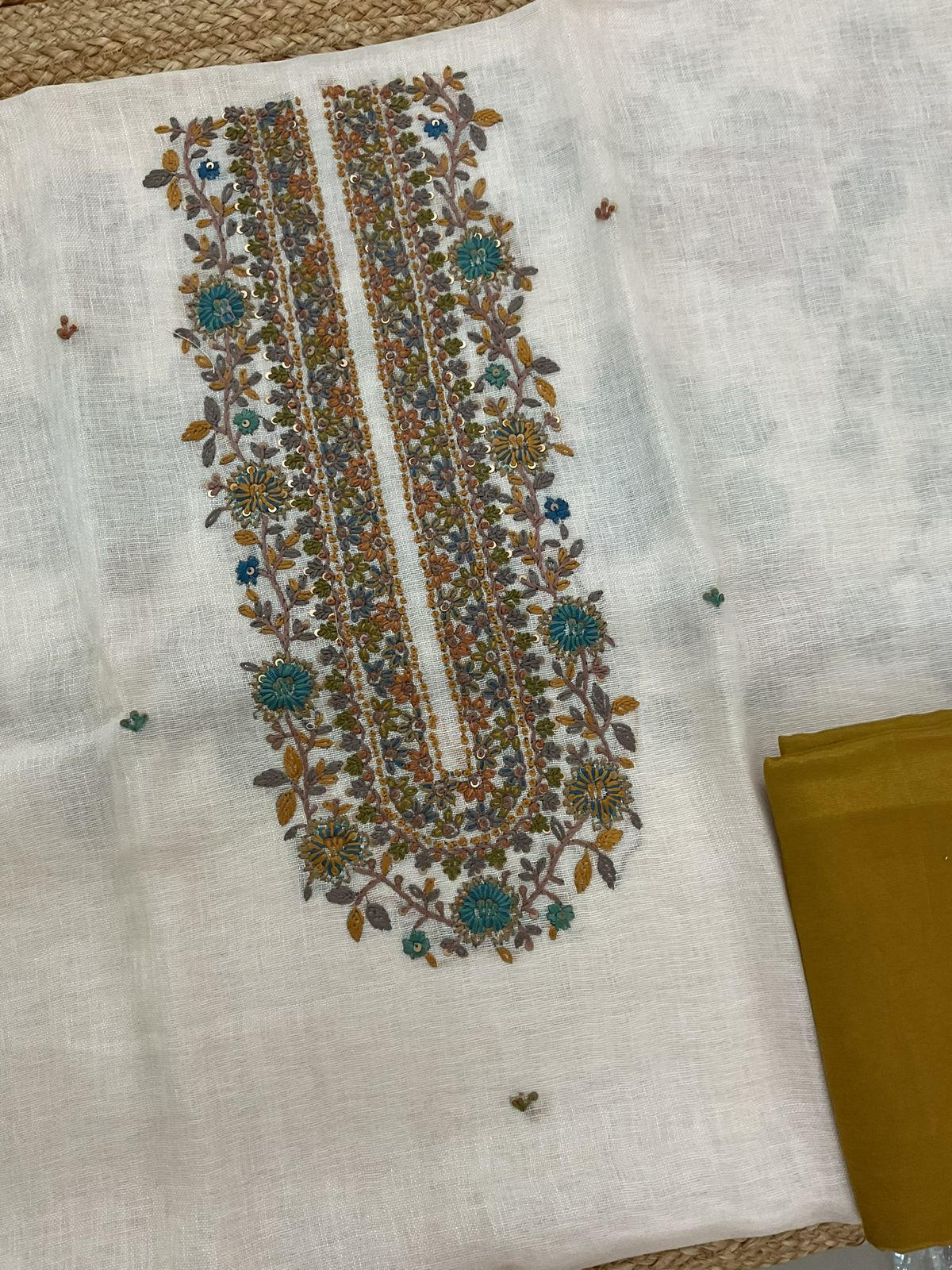 Pure Linen Jute Cotton Printed Embroidered Suit - Cream