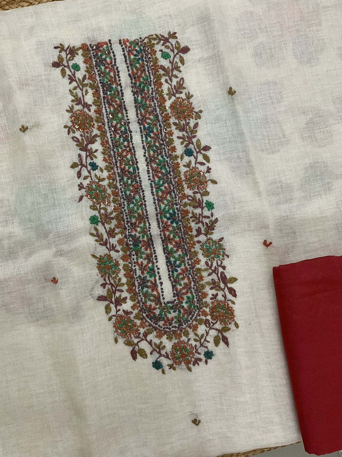 Pure Linen Jute Cotton Printed Embroidered Suit - Cream