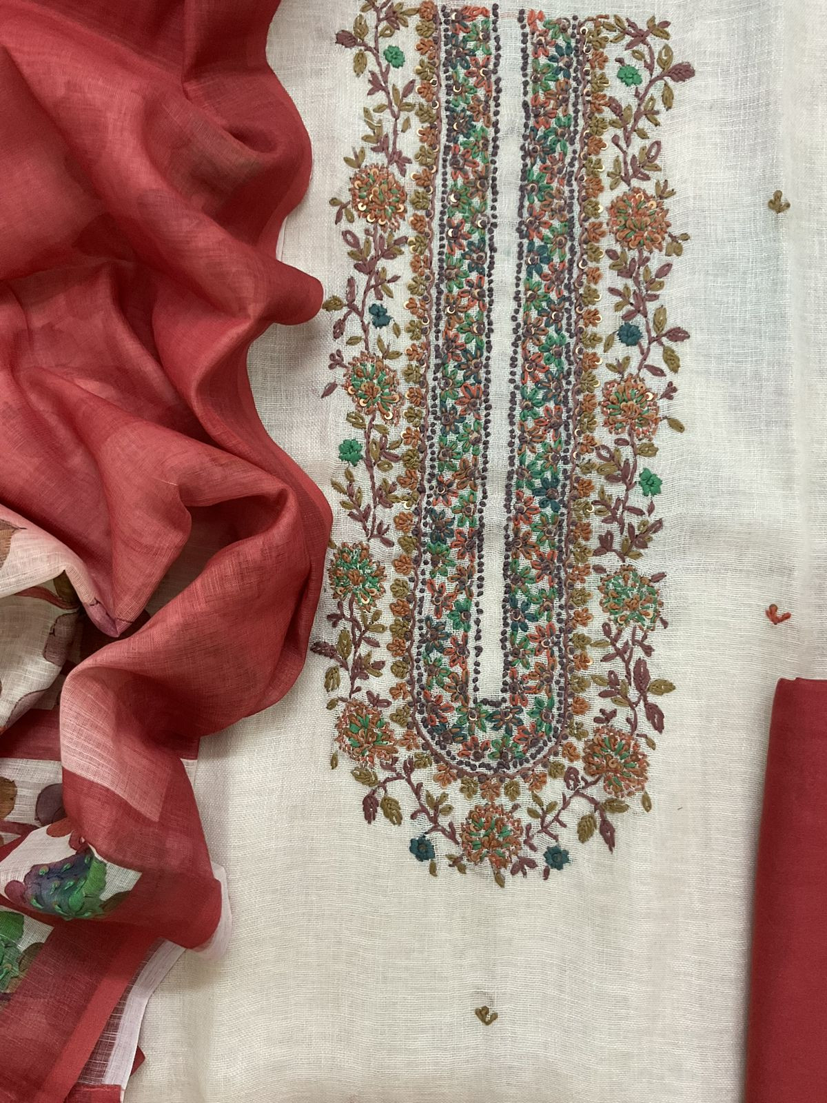Pure Linen Jute Cotton Printed Embroidered Suit - Cream