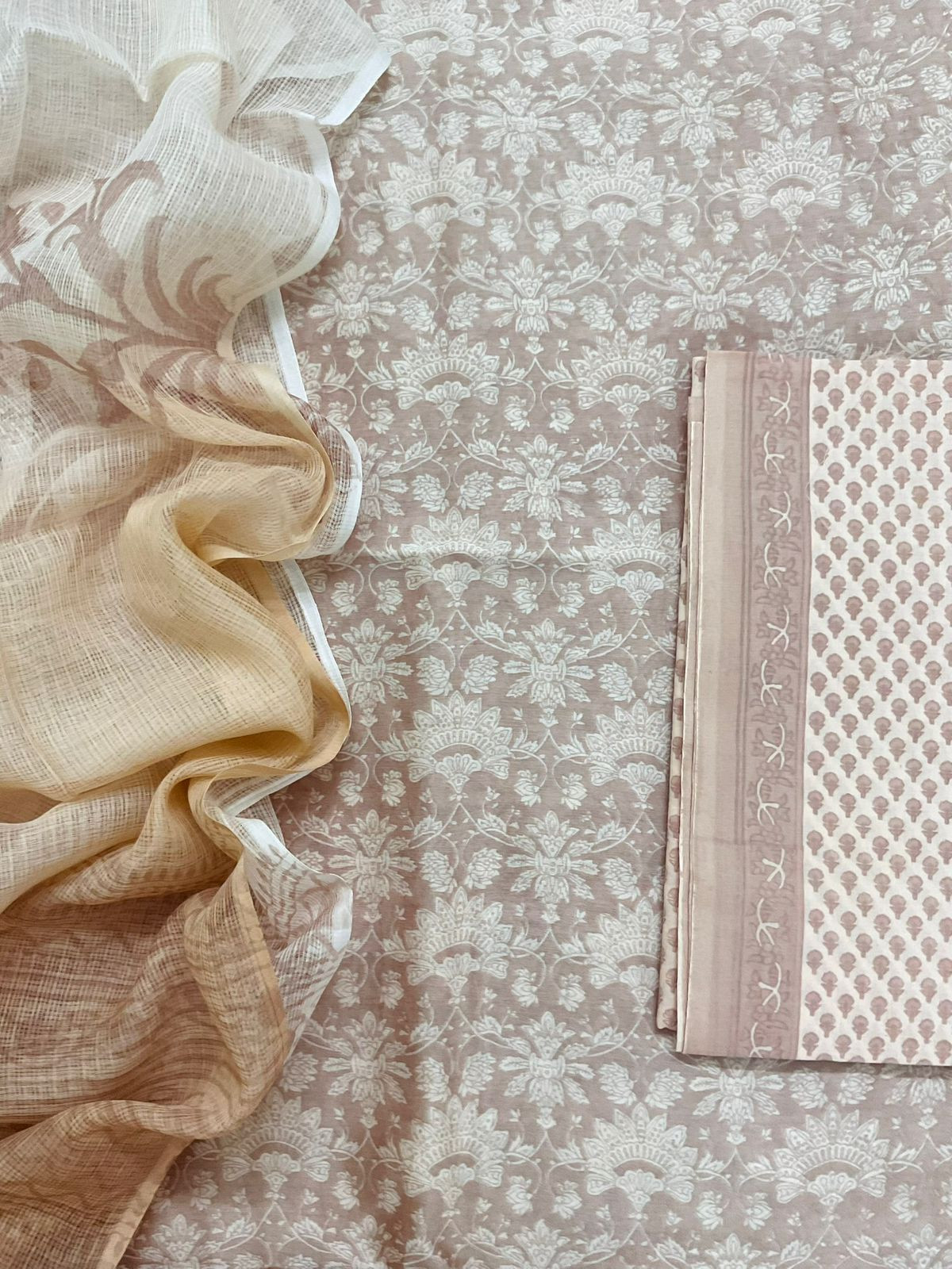 Pure Chanderi Printed Suit - Beige