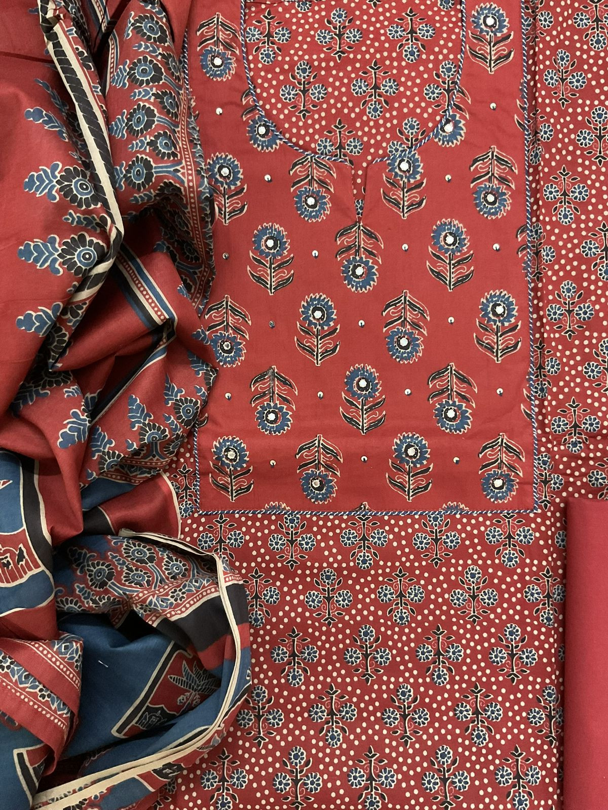 Pure Cotton Printed Embroidered Suit - Red