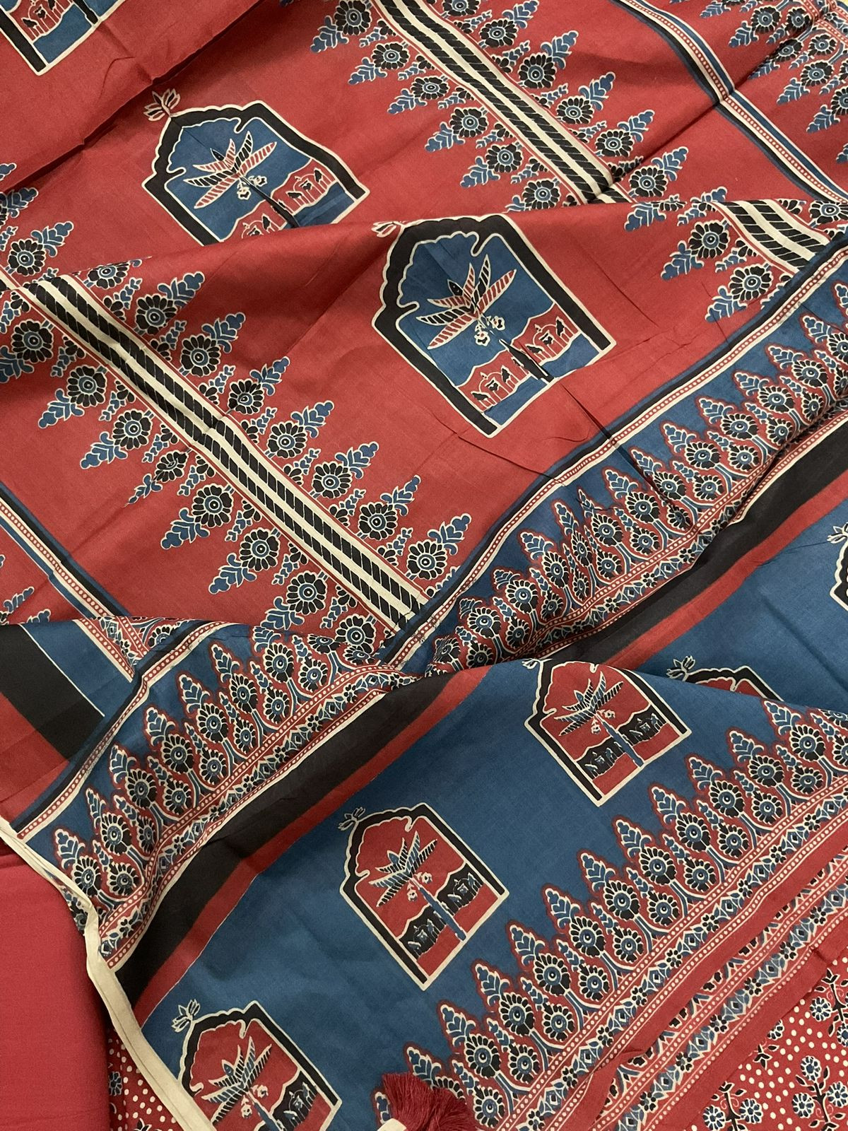 Pure Cotton Printed Embroidered Suit - Red