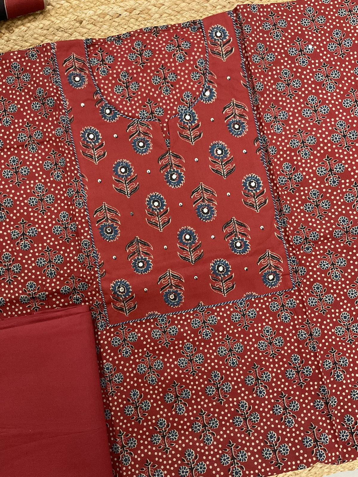 Pure Cotton Printed Embroidered Suit - Red