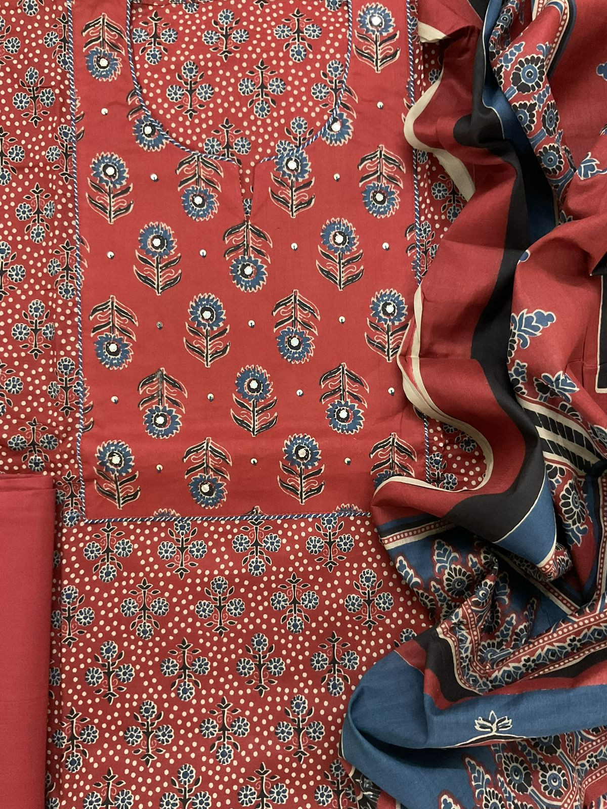 Pure Cotton Printed Embroidered Suit - Red