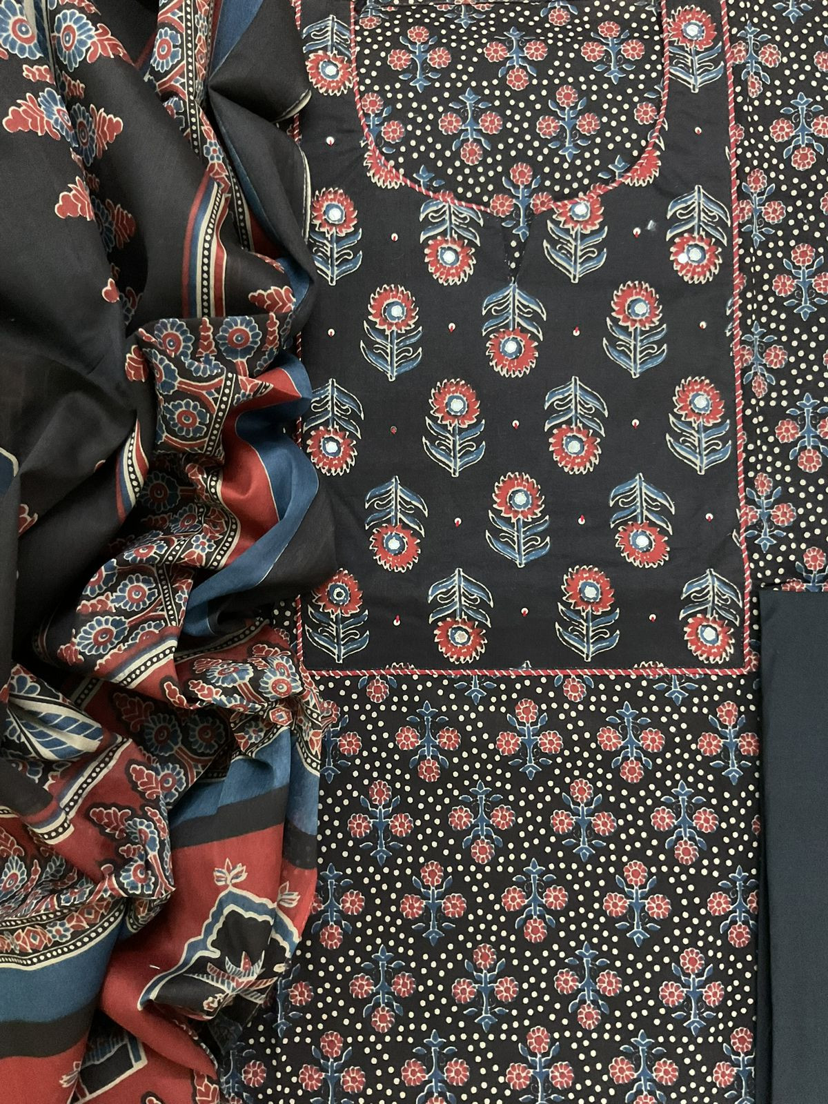 Pure Cotton Printed Embroidered Suit - Black