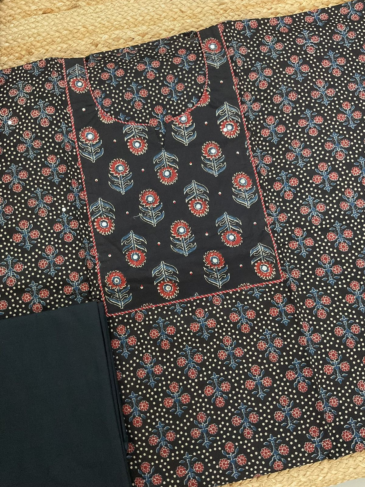 Pure Cotton Printed Embroidered Suit - Black