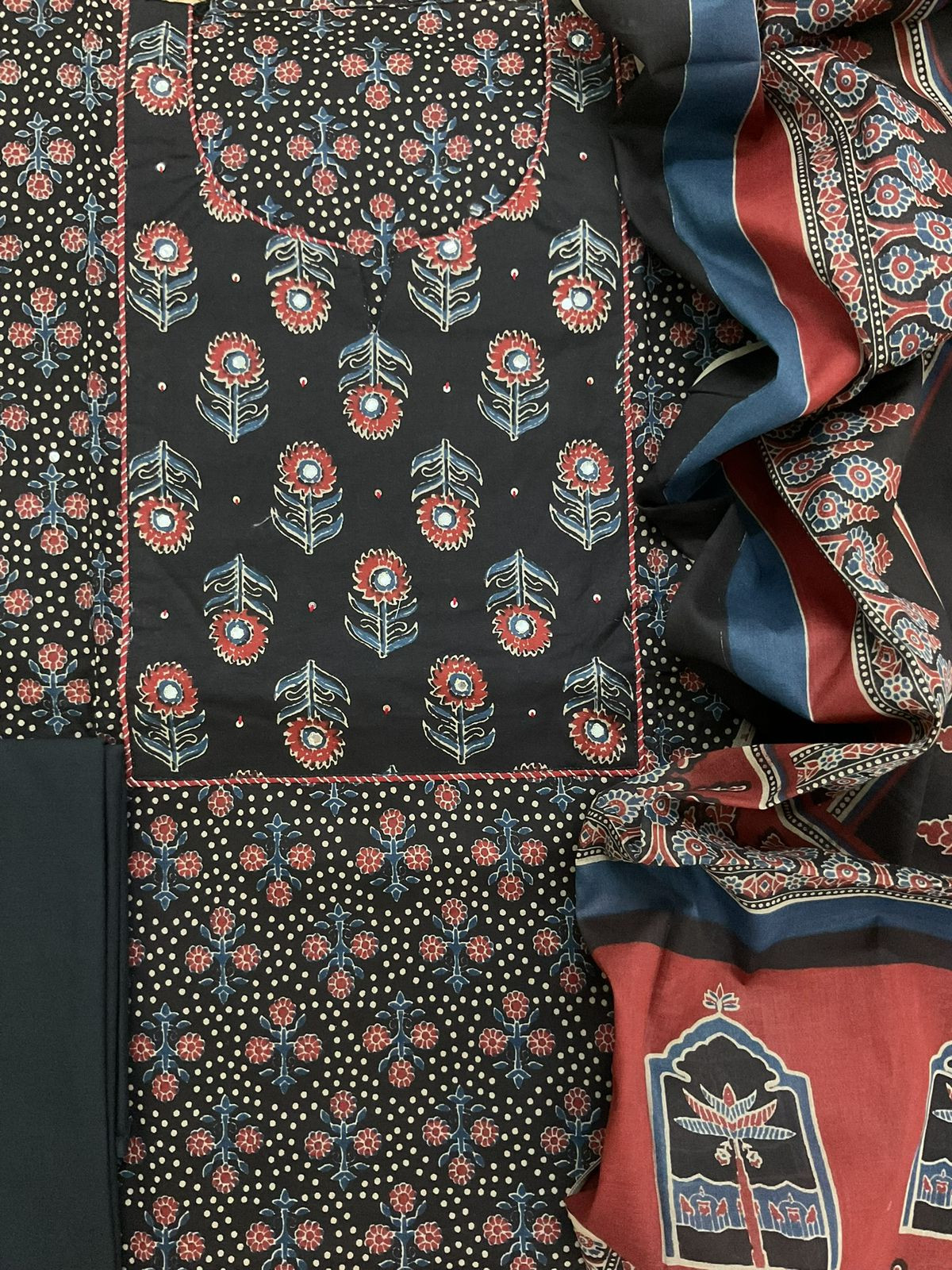 Pure Cotton Printed Embroidered Suit - Black