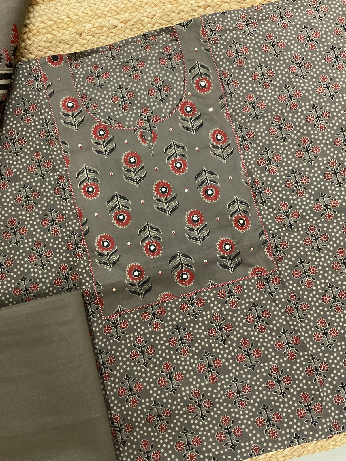 Pure Cotton Printed Embroidered Suit - Brown