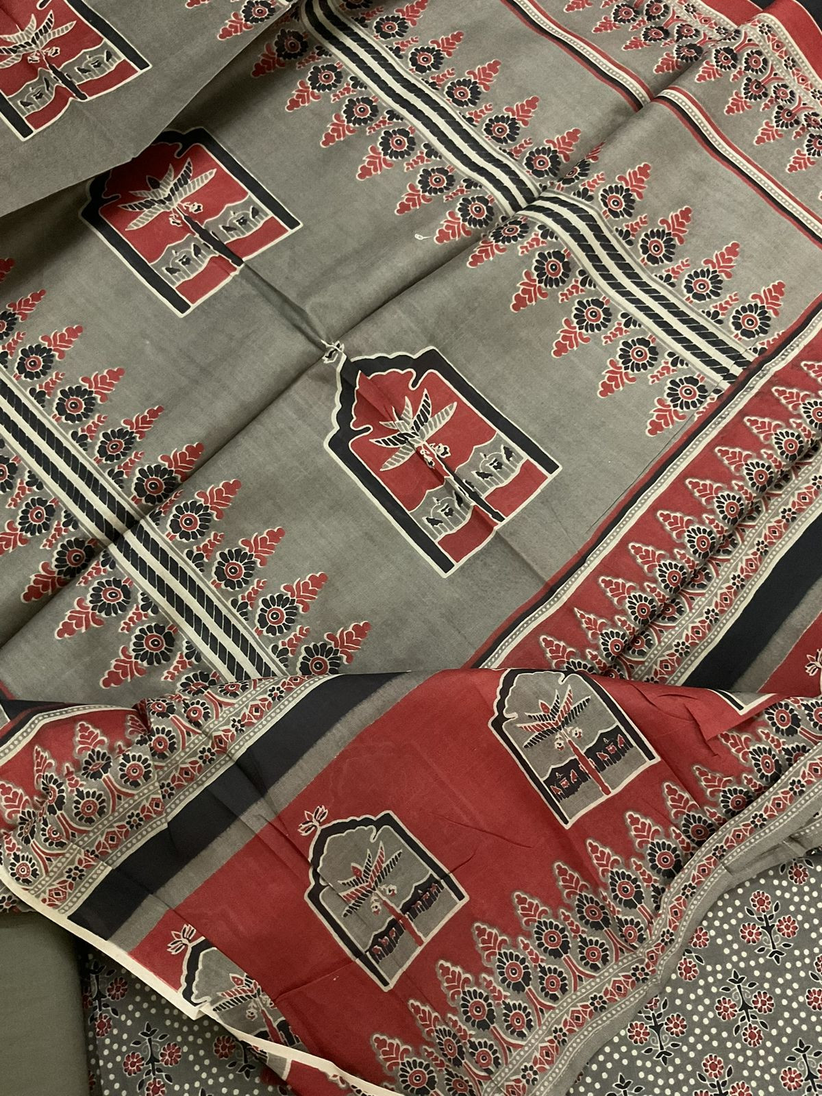 Pure Cotton Printed Embroidered Suit - Brown