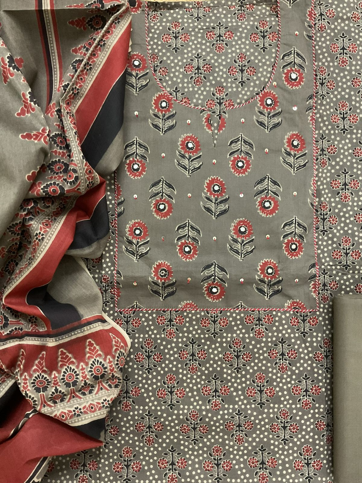 Pure Cotton Printed Embroidered Suit - Brown