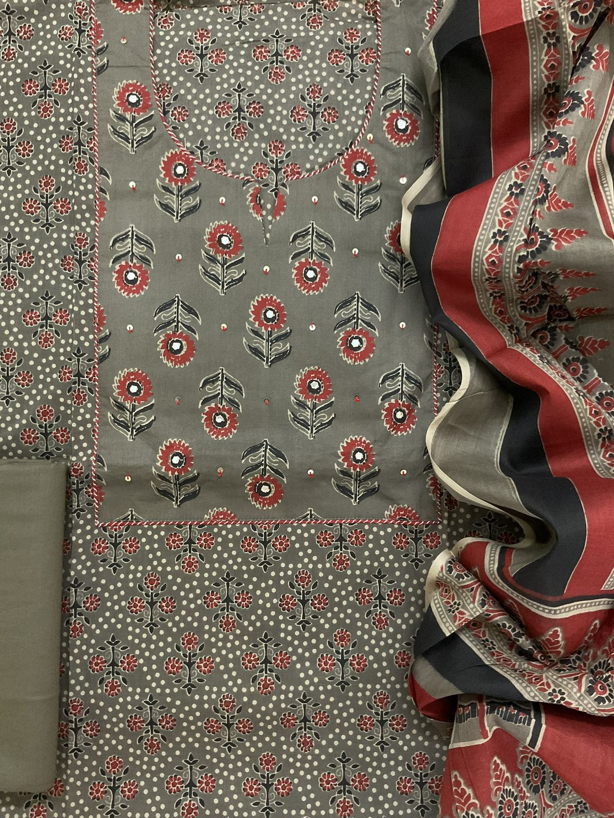Pure Cotton Printed Embroidered Suit - Brown