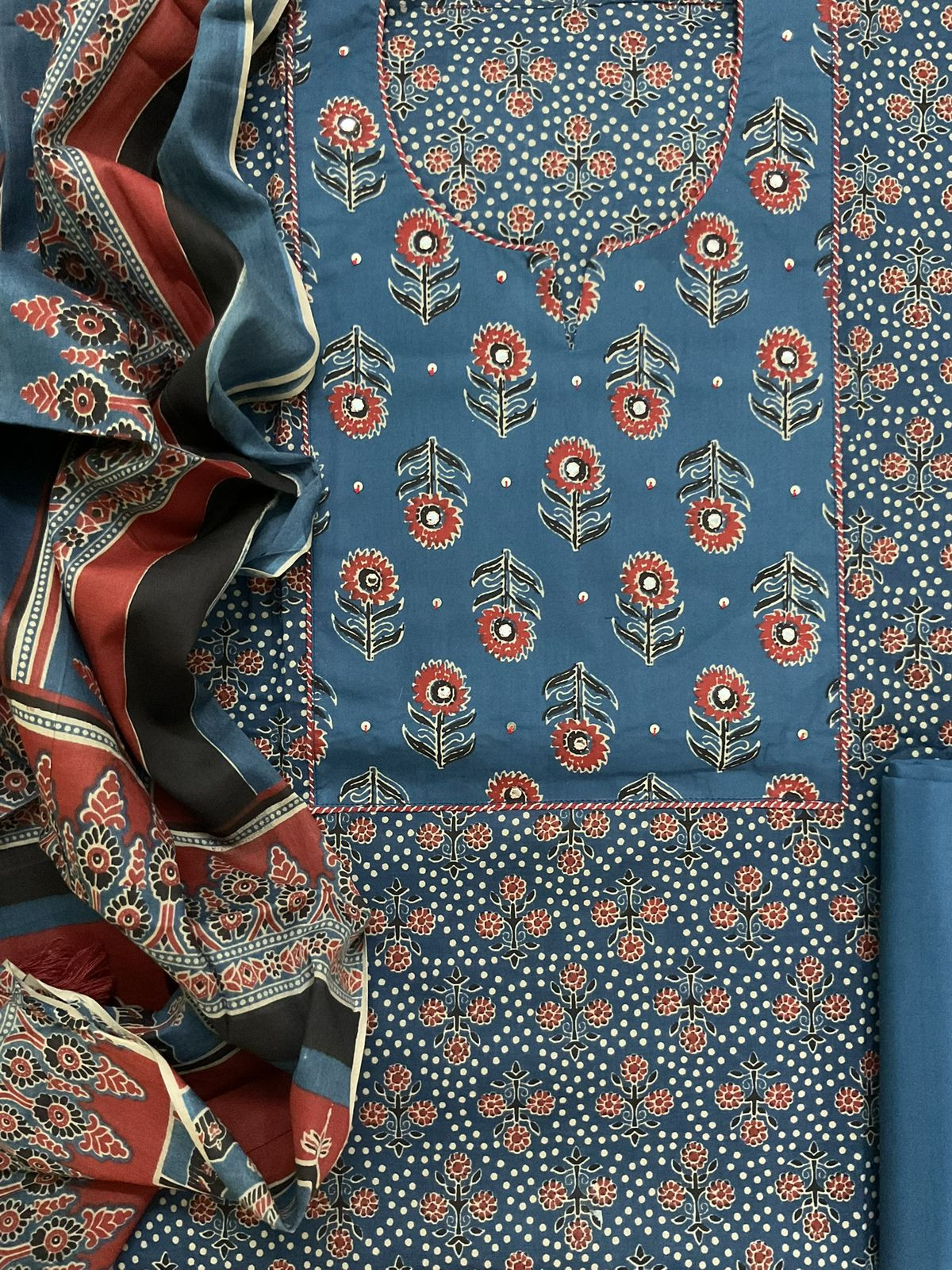 Pure Cotton Printed Embroidered Suit - Blue