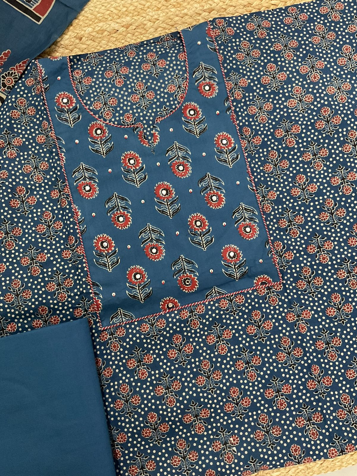 Pure Cotton Printed Embroidered Suit - Blue
