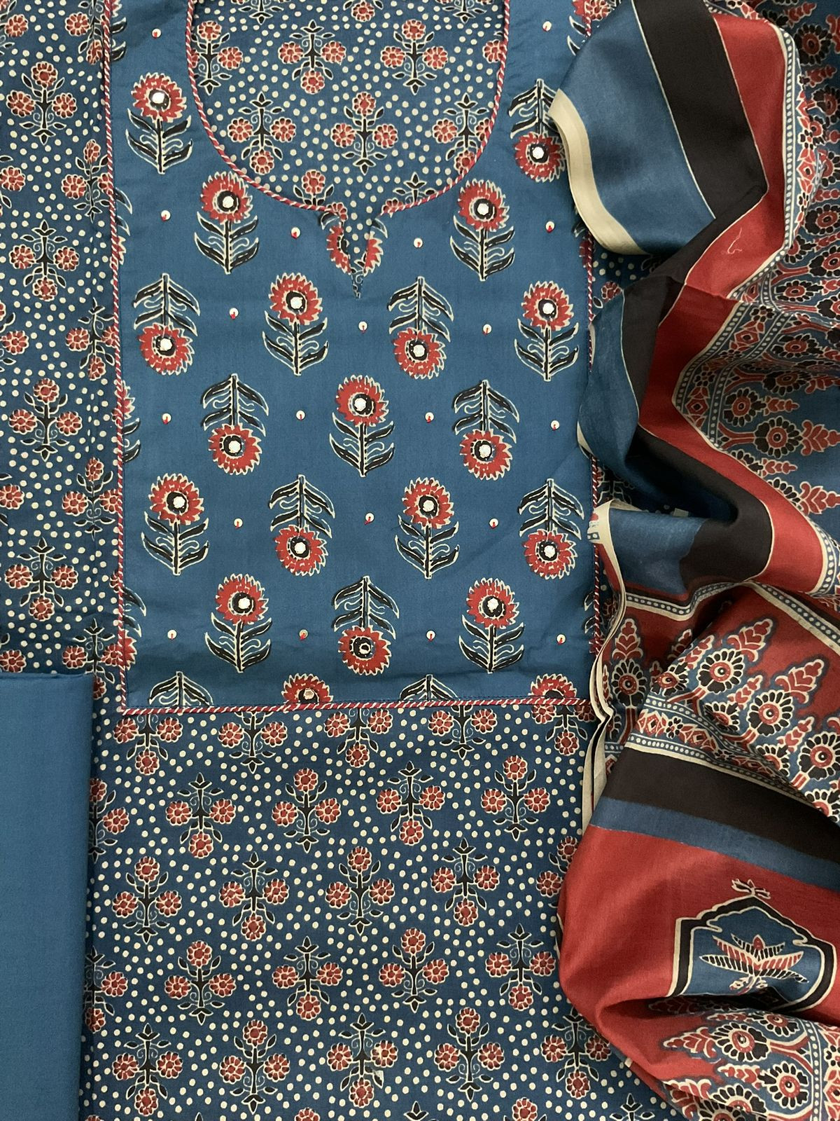 Pure Cotton Printed Embroidered Suit - Blue