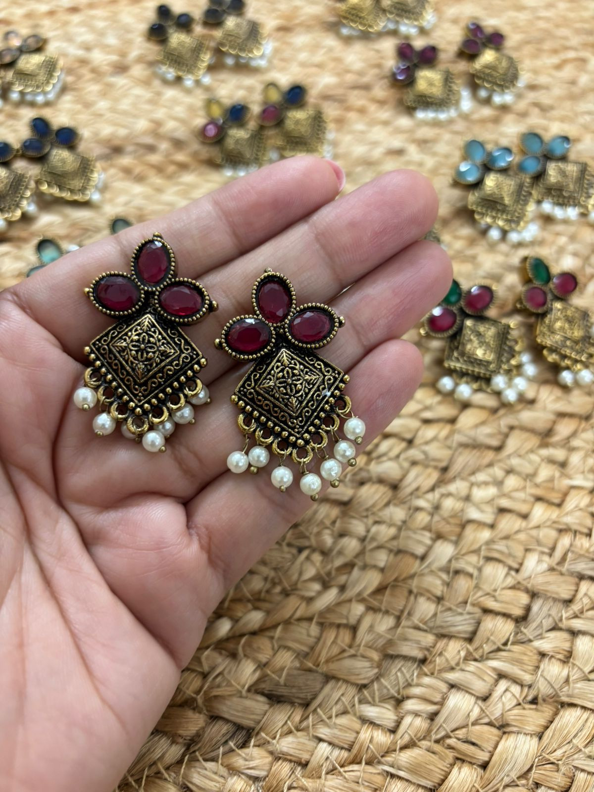 Metallic Oxidised Gold Earrings With Stone Settings - Red
