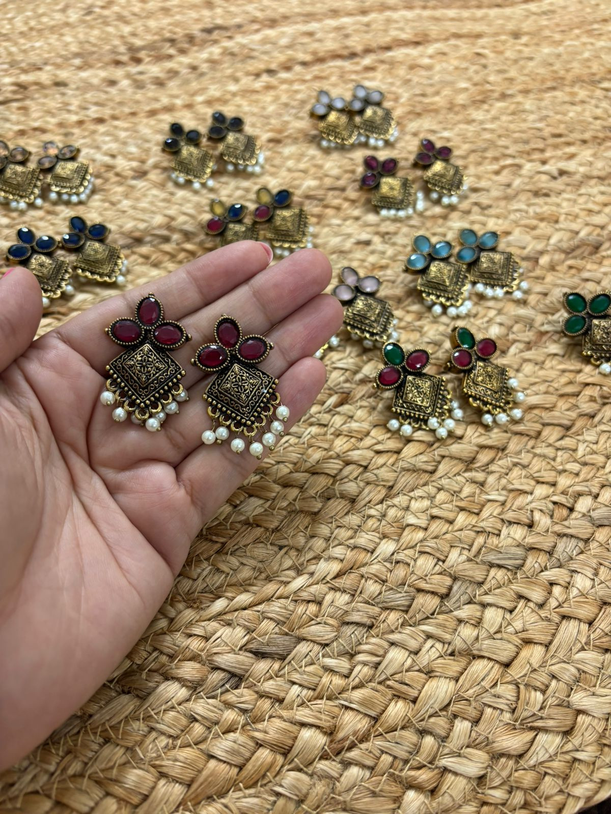 Metallic Oxidised Gold Earrings With Stone Settings - Red