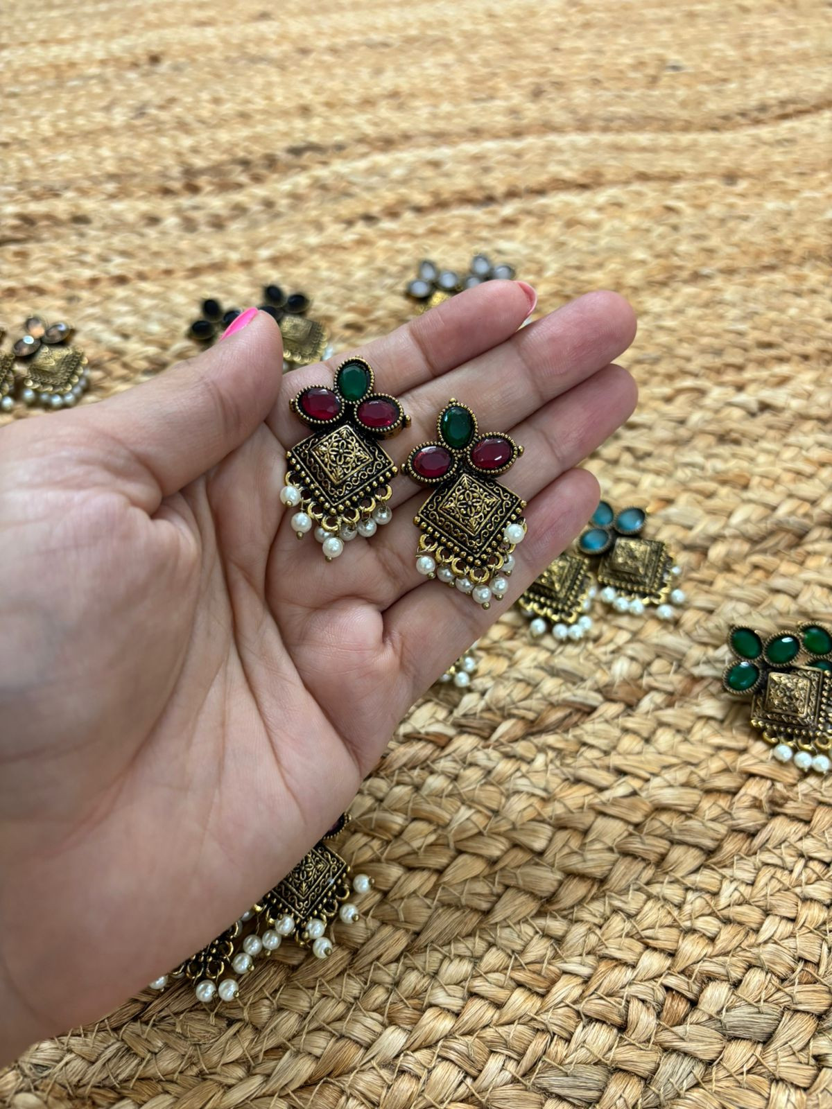 Metallic Oxidised Gold Earrings With Stone Settings - Red-Green