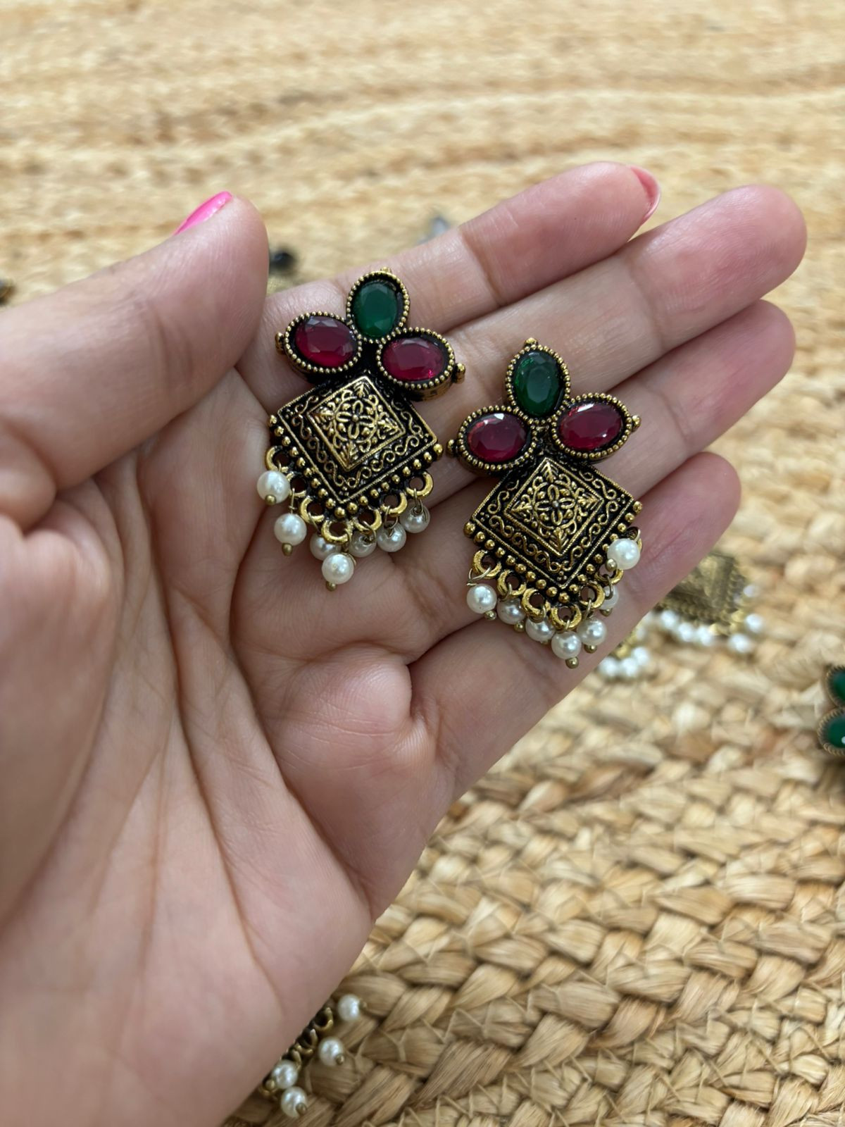 Metallic Oxidised Gold Earrings With Stone Settings - Red-Green
