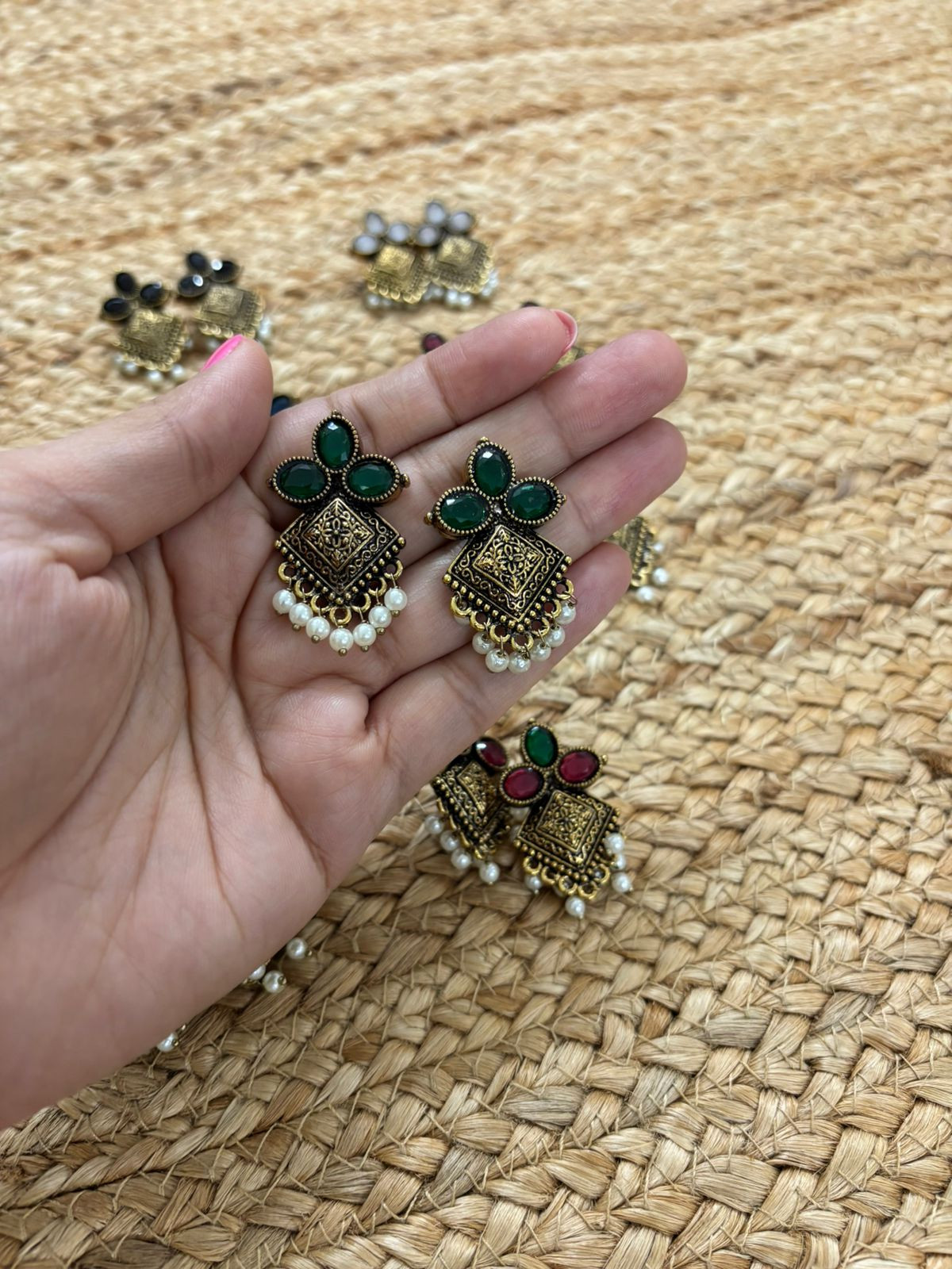 Metallic Oxidised Gold Earrings With Stone Settings - Green