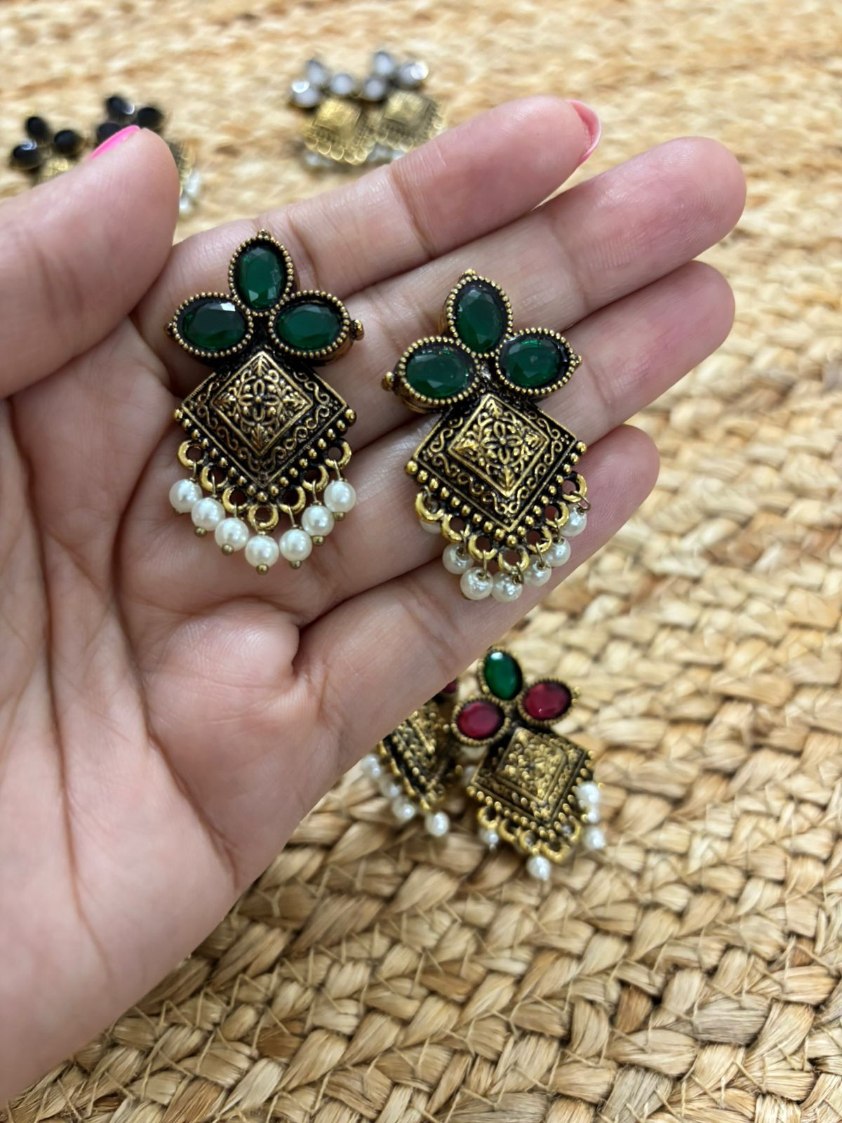 Metallic Oxidised Gold Earrings With Stone Settings - Green
