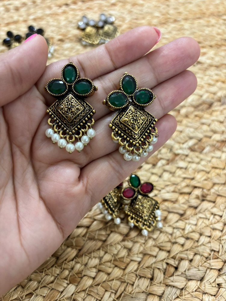 Image of Metallic Oxidised Gold Earrings With Stone Settings - Green