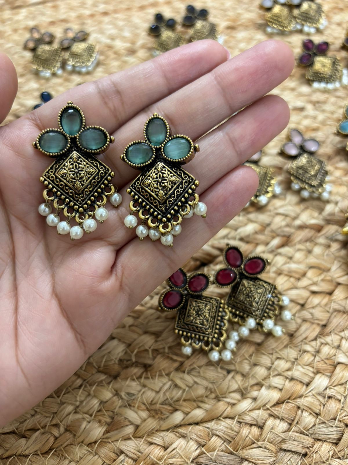 Metallic Oxidised Gold Earrings With Stone Settings - Green