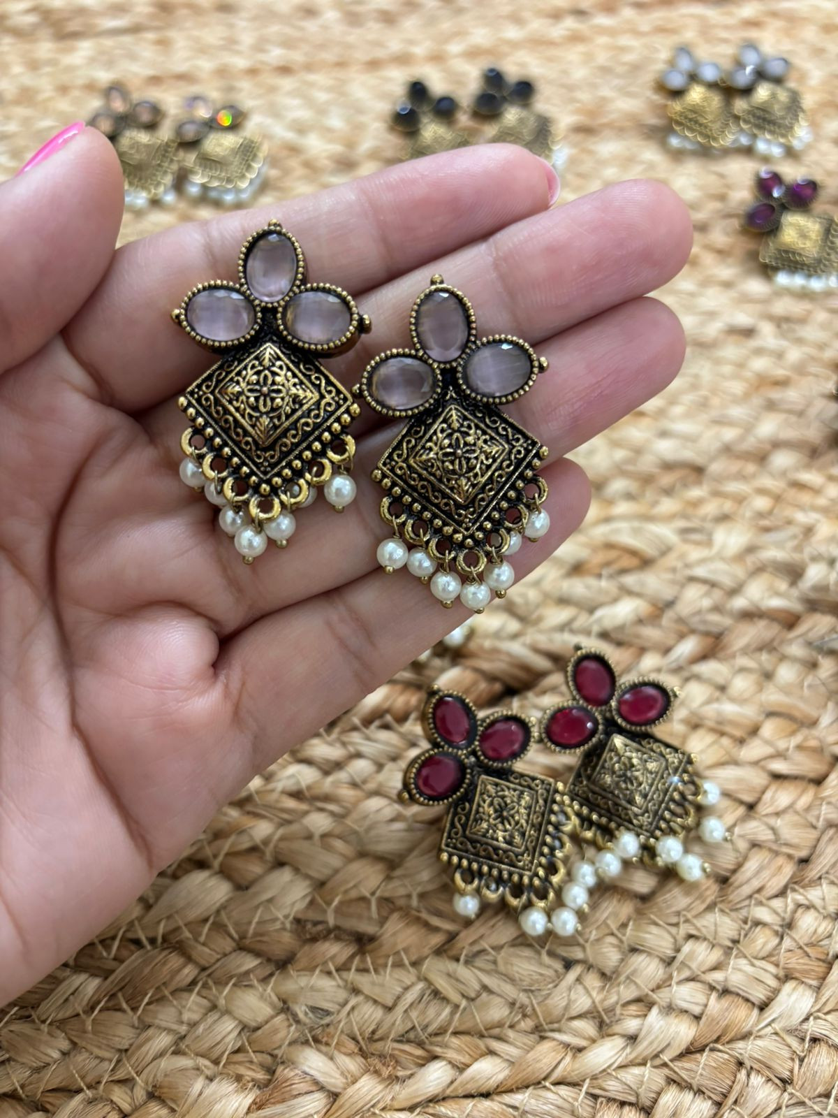 Metallic Oxidised Gold Earrings With Stone Settings - Pink