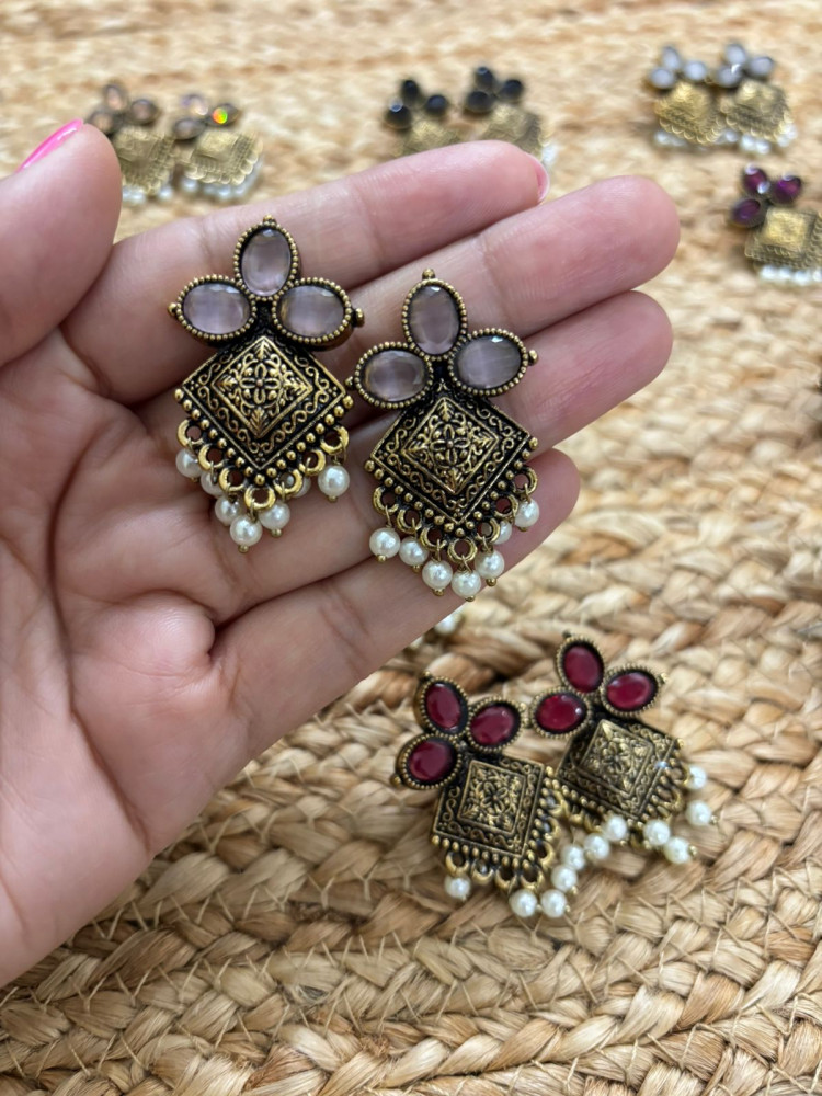 Image of Metallic Oxidised Gold Earrings With Stone Settings - Pink