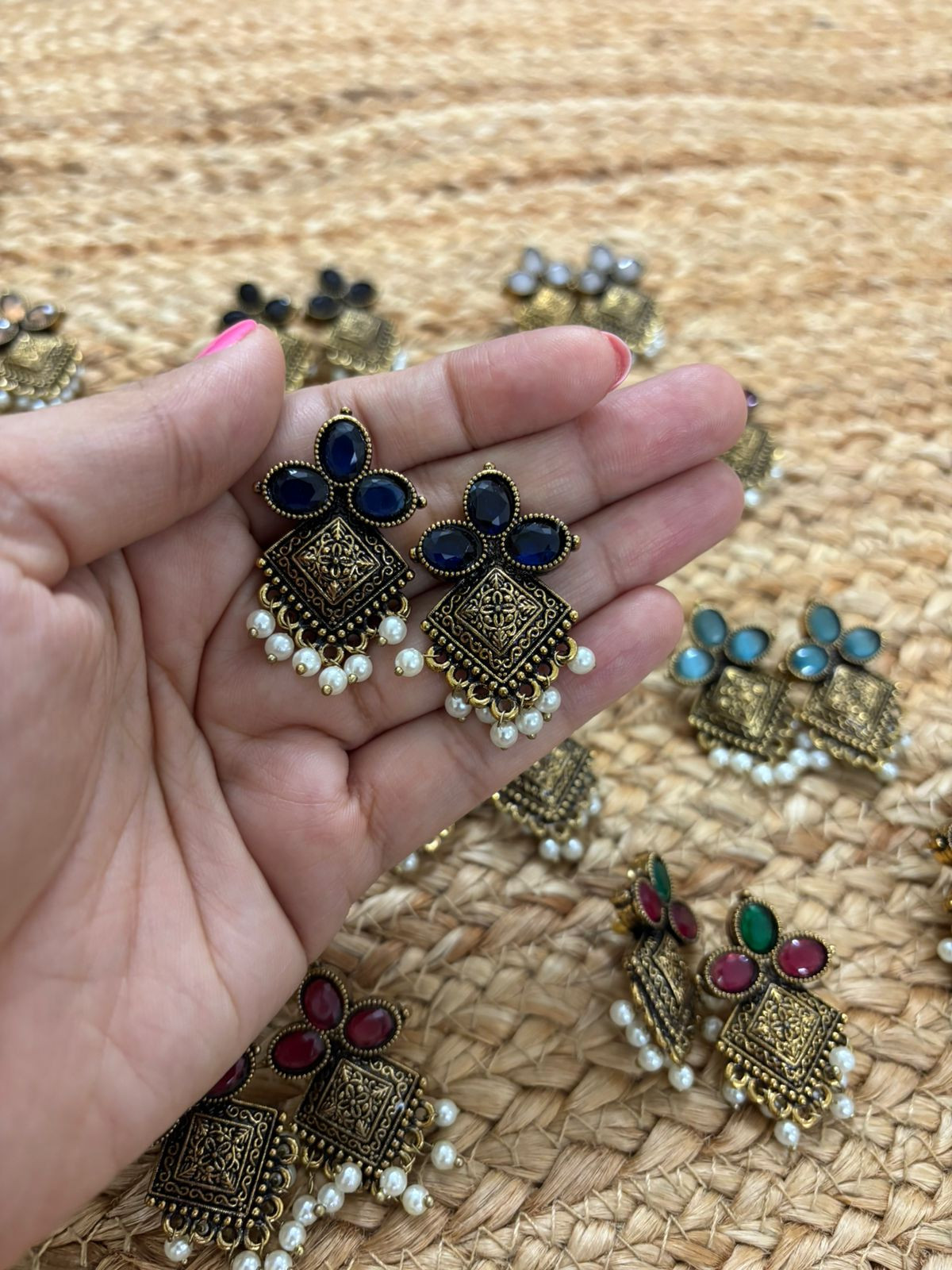 Metallic Oxidised Gold Earrings With Stone Settings - Blue