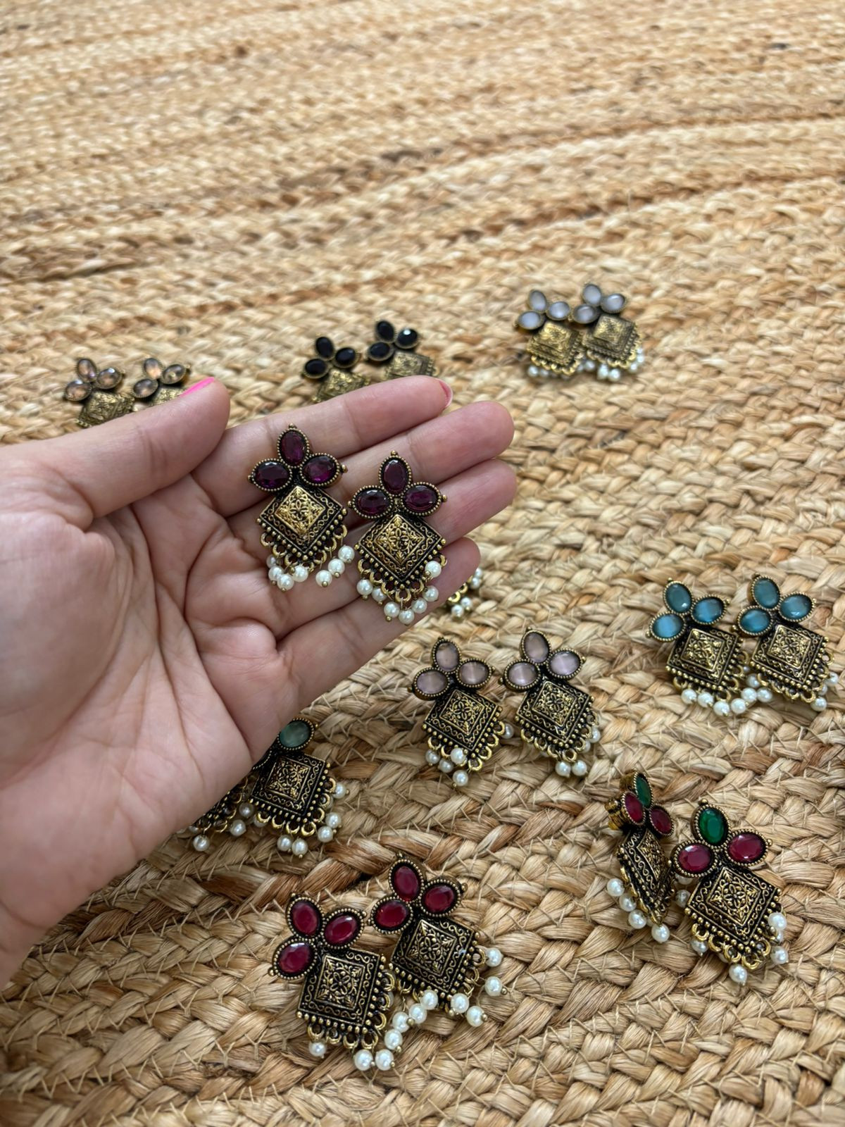 Metallic Oxidised Gold Earrings With Stone Settings - Wine