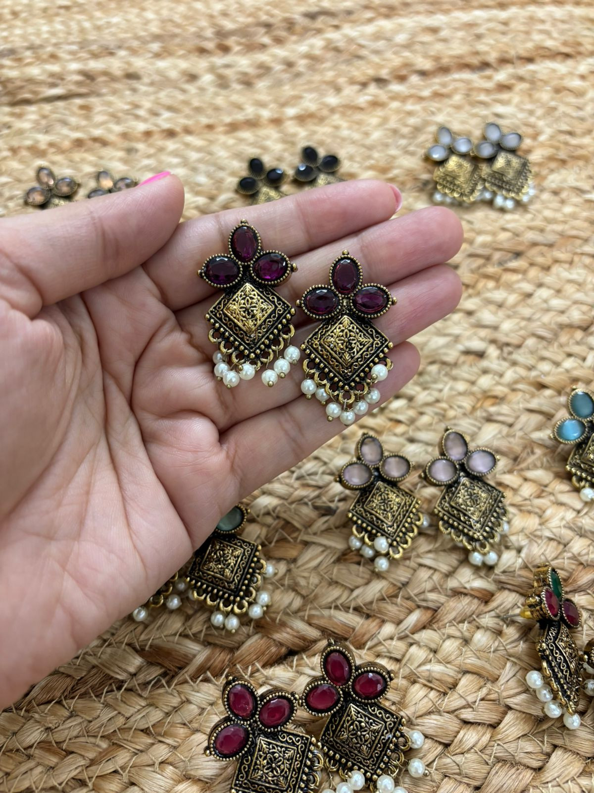 Metallic Oxidised Gold Earrings With Stone Settings - Wine