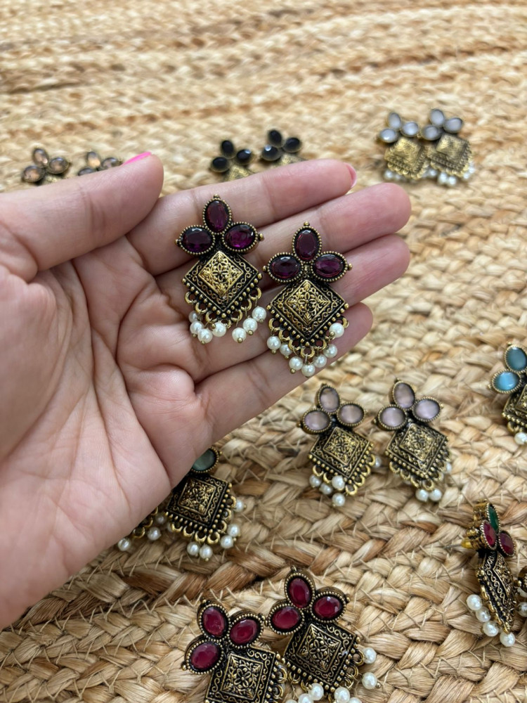Image of Metallic Oxidised Gold Earrings With Stone Settings - Wine