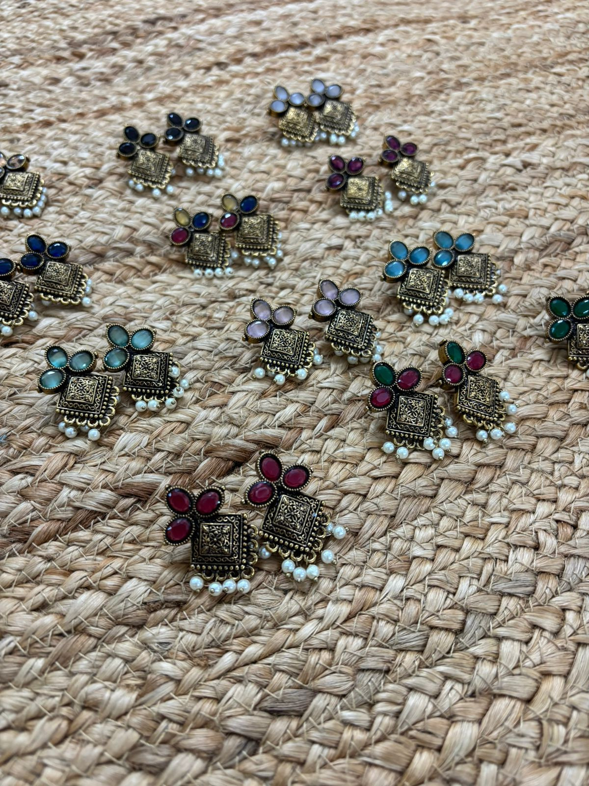 Metallic Oxidised Gold Earrings With Stone Settings - Wine