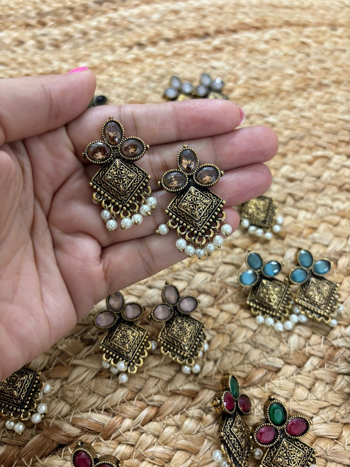 Metallic Oxidised Gold Earrings With Stone Settings - Peach