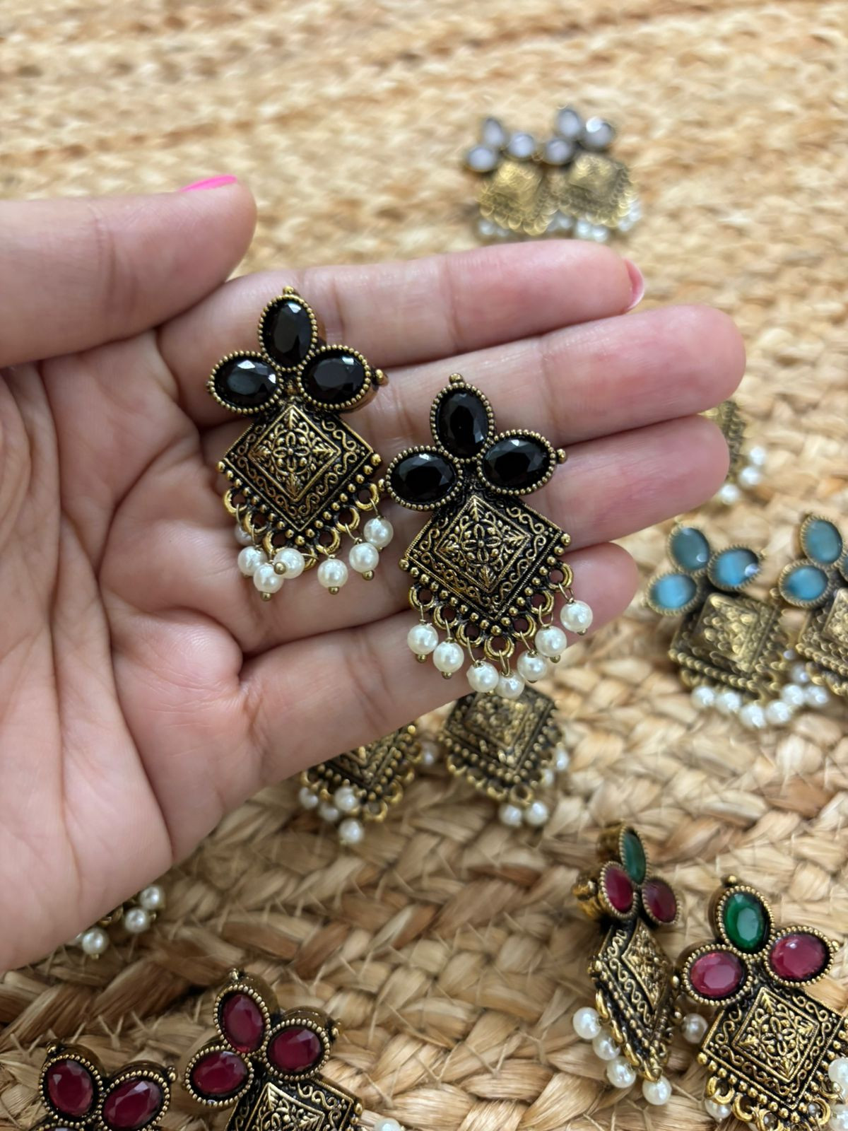 Metallic Oxidised Gold Earrings With Stone Settings - Black
