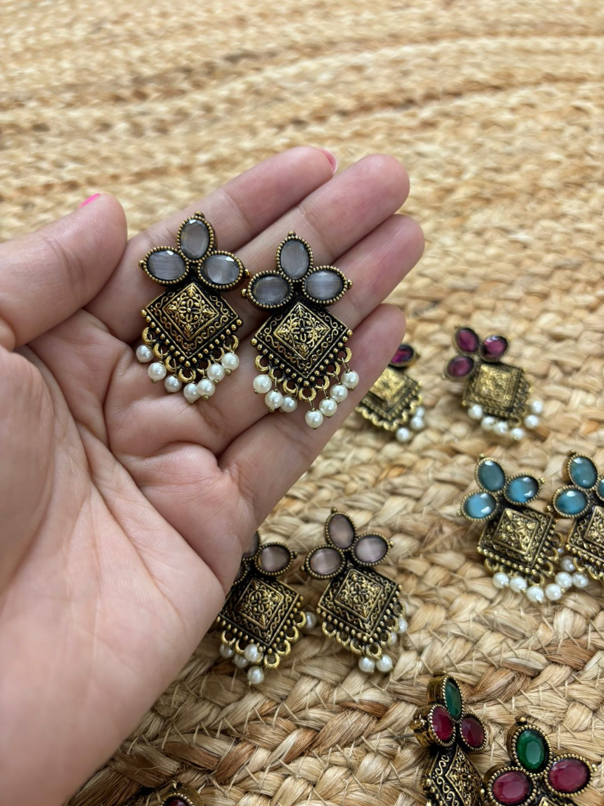 Metallic Oxidised Gold Earrings With Stone Settings - White