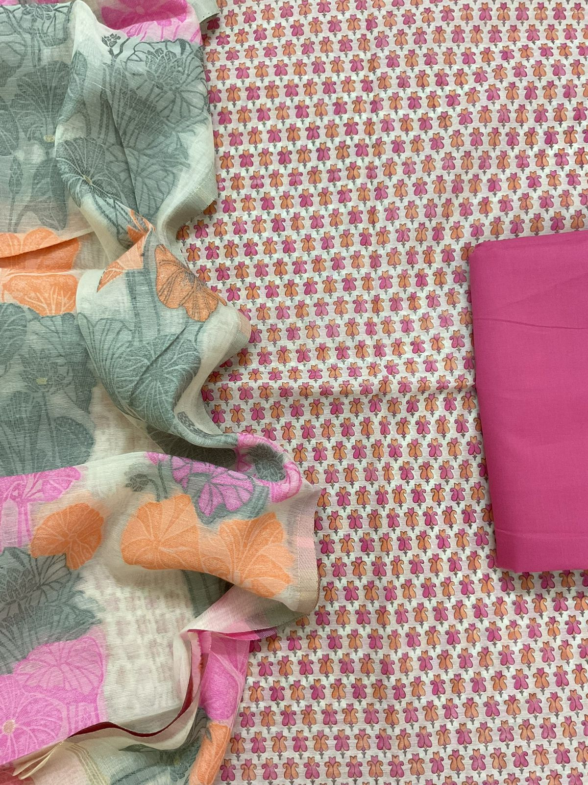 Soft Kora Chanderi Printed Jamdani Weaved Suit - Pink