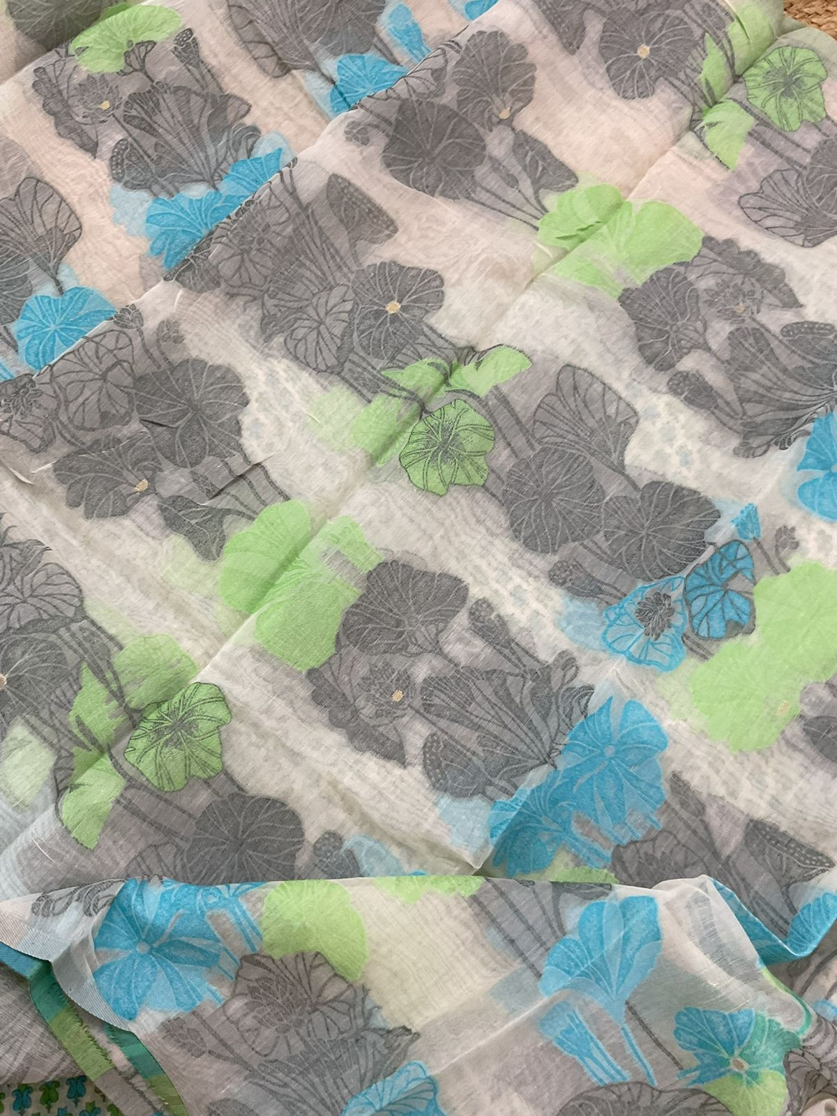 Soft Kora Chanderi Printed Jamdani Weaved Suit - Blue