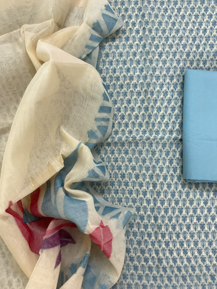 Image of Soft Kora Chanderi Printed Jamdani Weaved Suit - Powder Blue