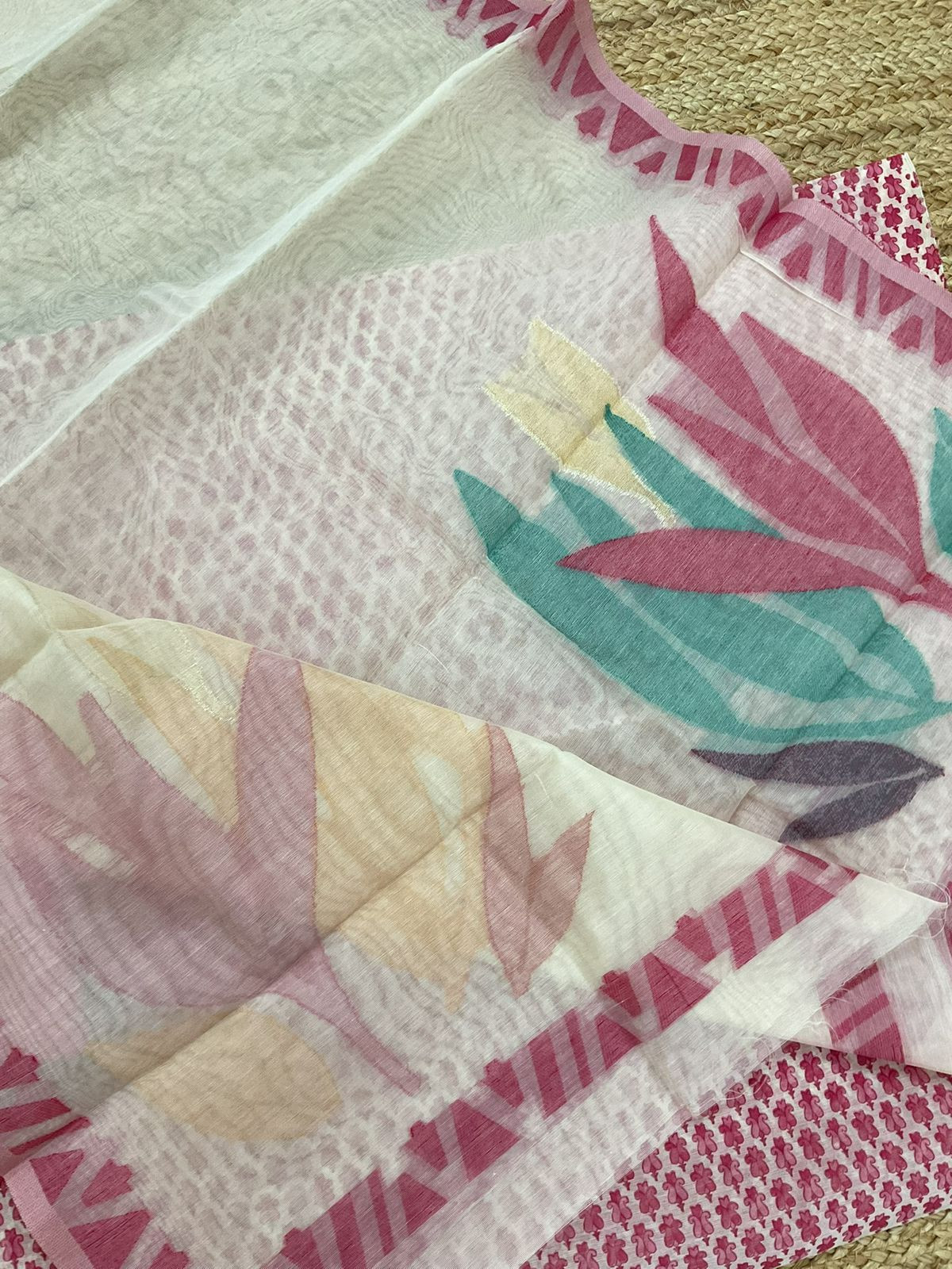 Soft Kora Chanderi Printed Jamdani Weaved Suit - Pink