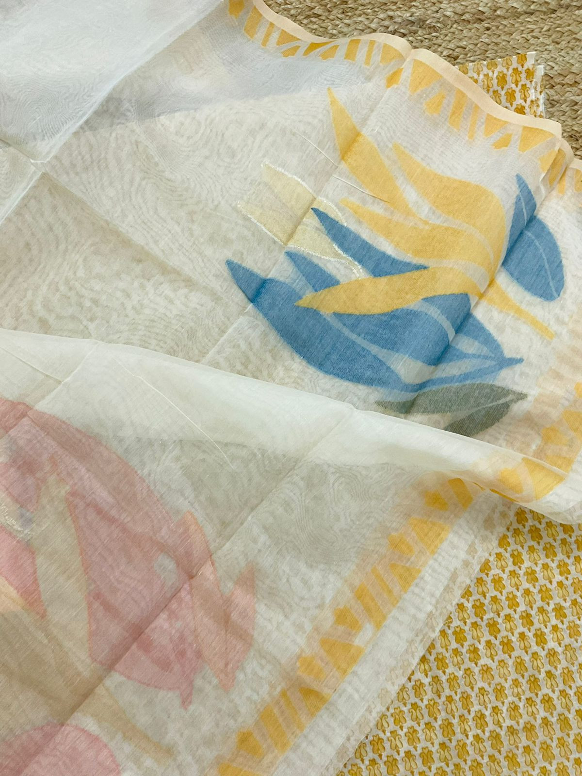 Soft Kora Chanderi Printed Jamdani Weaved Suit - Yellow