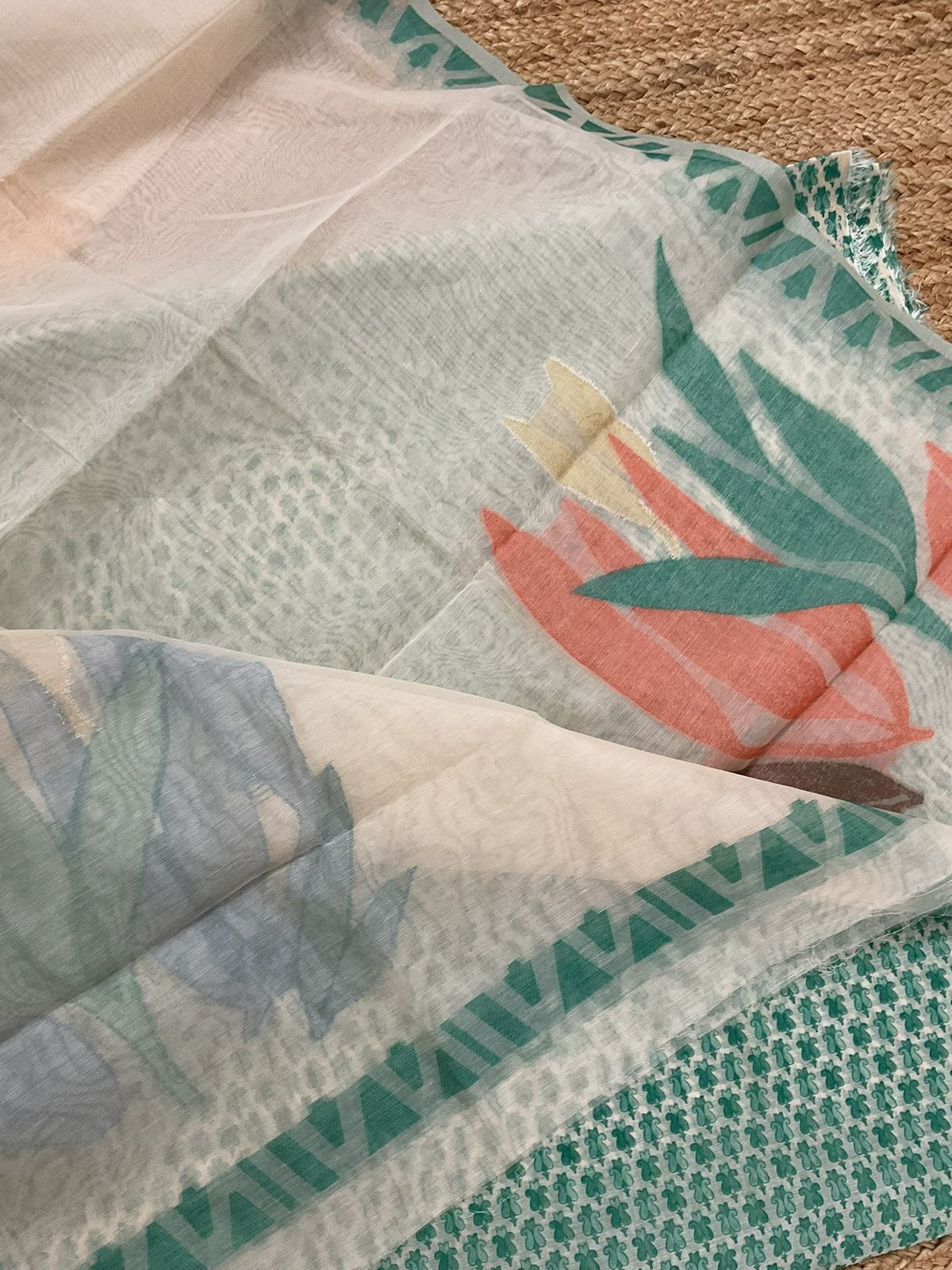 Soft Kora Chanderi Printed Jamdani Weaved Suit - Green