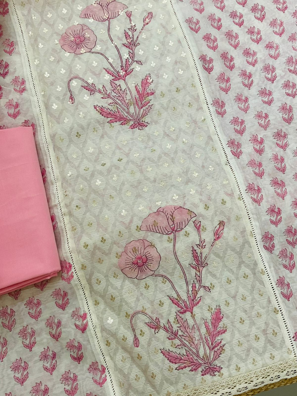 Pure Chanderi Printed Banarasi Weaved Embroidered Suit - Off White