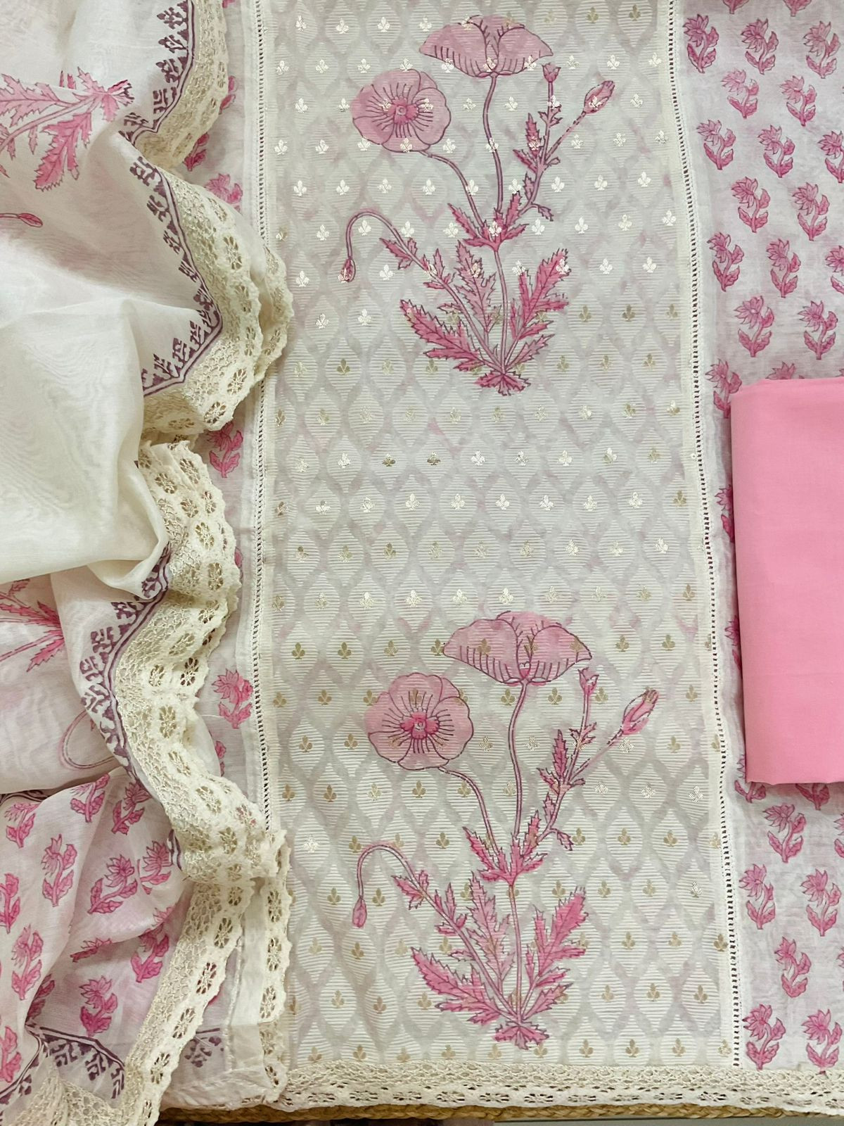 Pure Chanderi Printed Banarasi Weaved Embroidered Suit - Off White