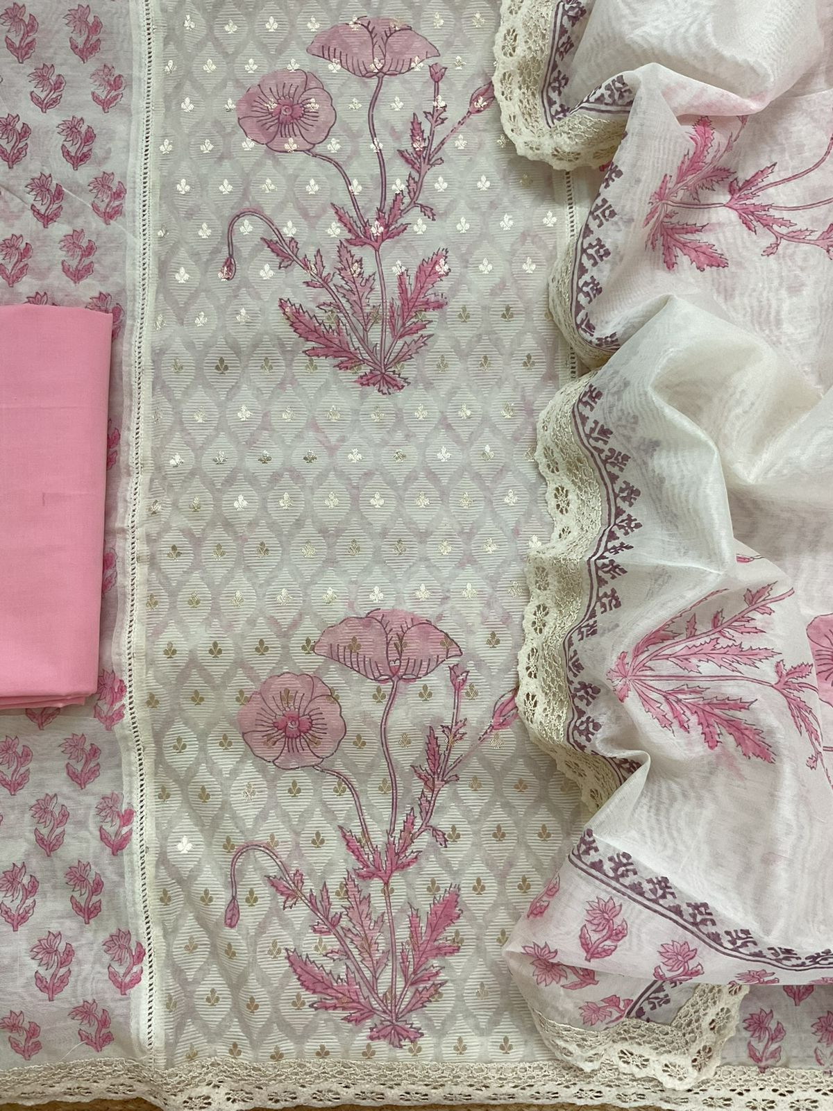 Pure Chanderi Printed Banarasi Weaved Embroidered Suit - Off White
