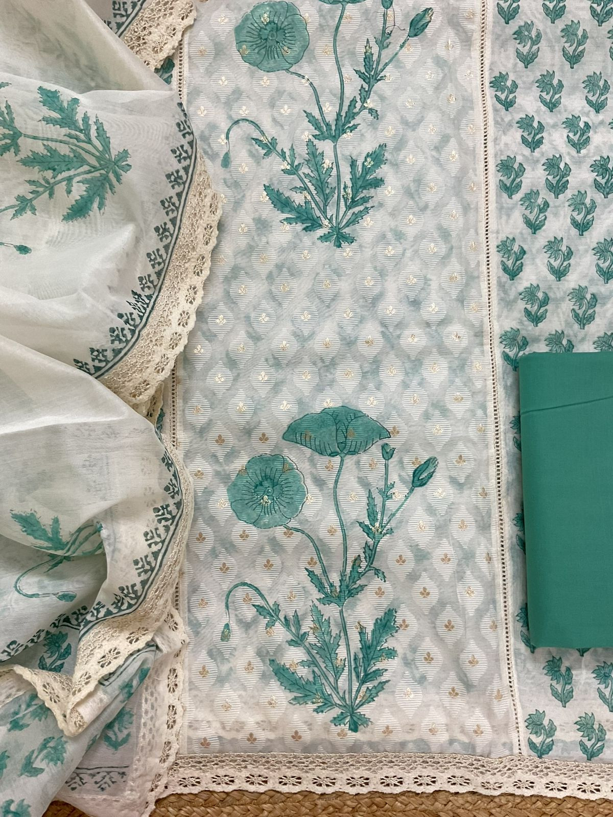 Pure Chanderi Printed Banarasi Weaved Embroidered Suit - Off White