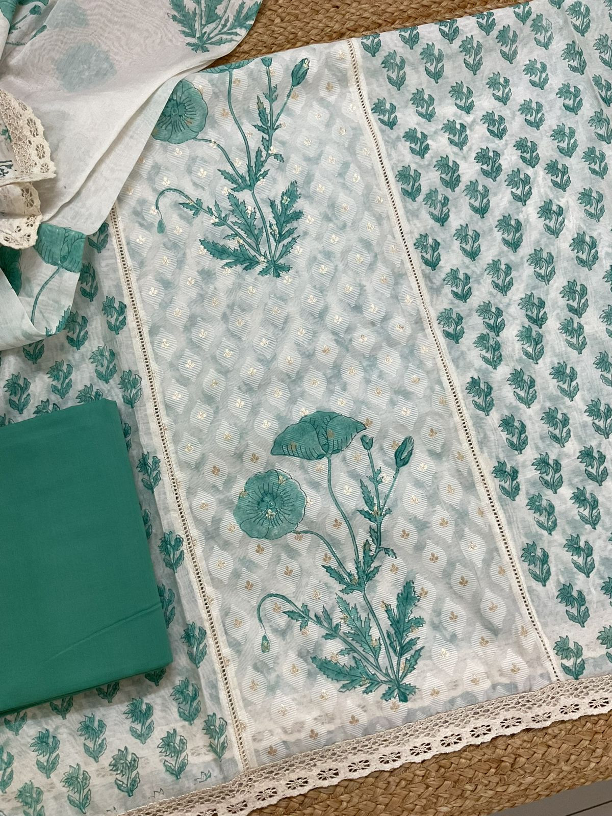 Pure Chanderi Printed Banarasi Weaved Embroidered Suit - Off White